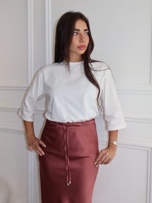 חצאית סאטן מורגן ברונזה ורודה