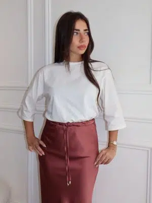 חצאית סאטן מורגן ברונזה ורודה