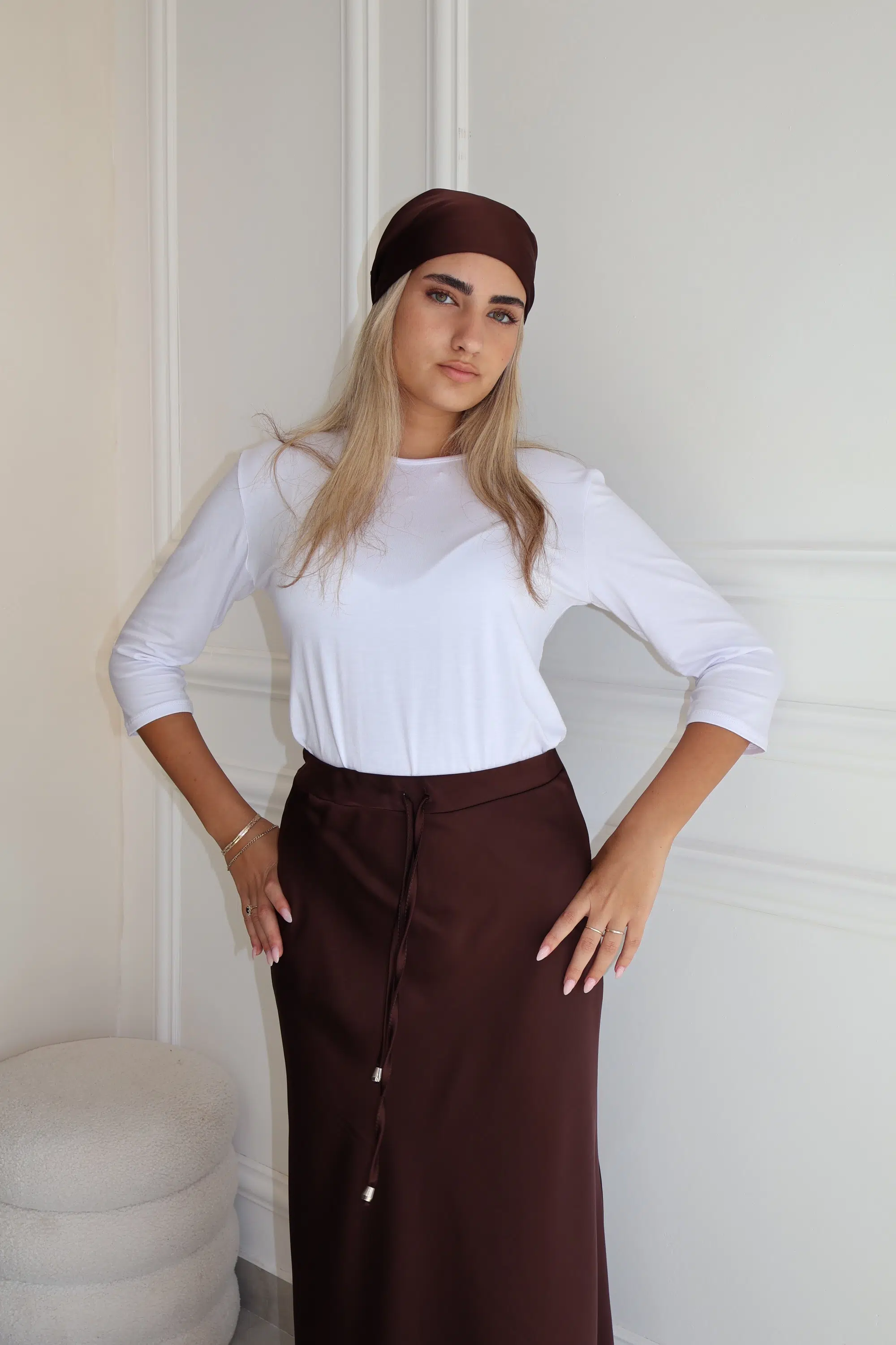 חצאית סאטן+מטפחת סגול חציל