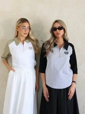 חולצת צווארון רוכסן ירוק זית