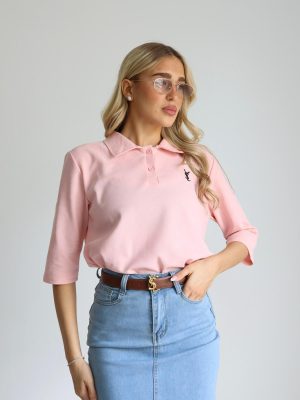 חולצה צווארון חלקה ורודה