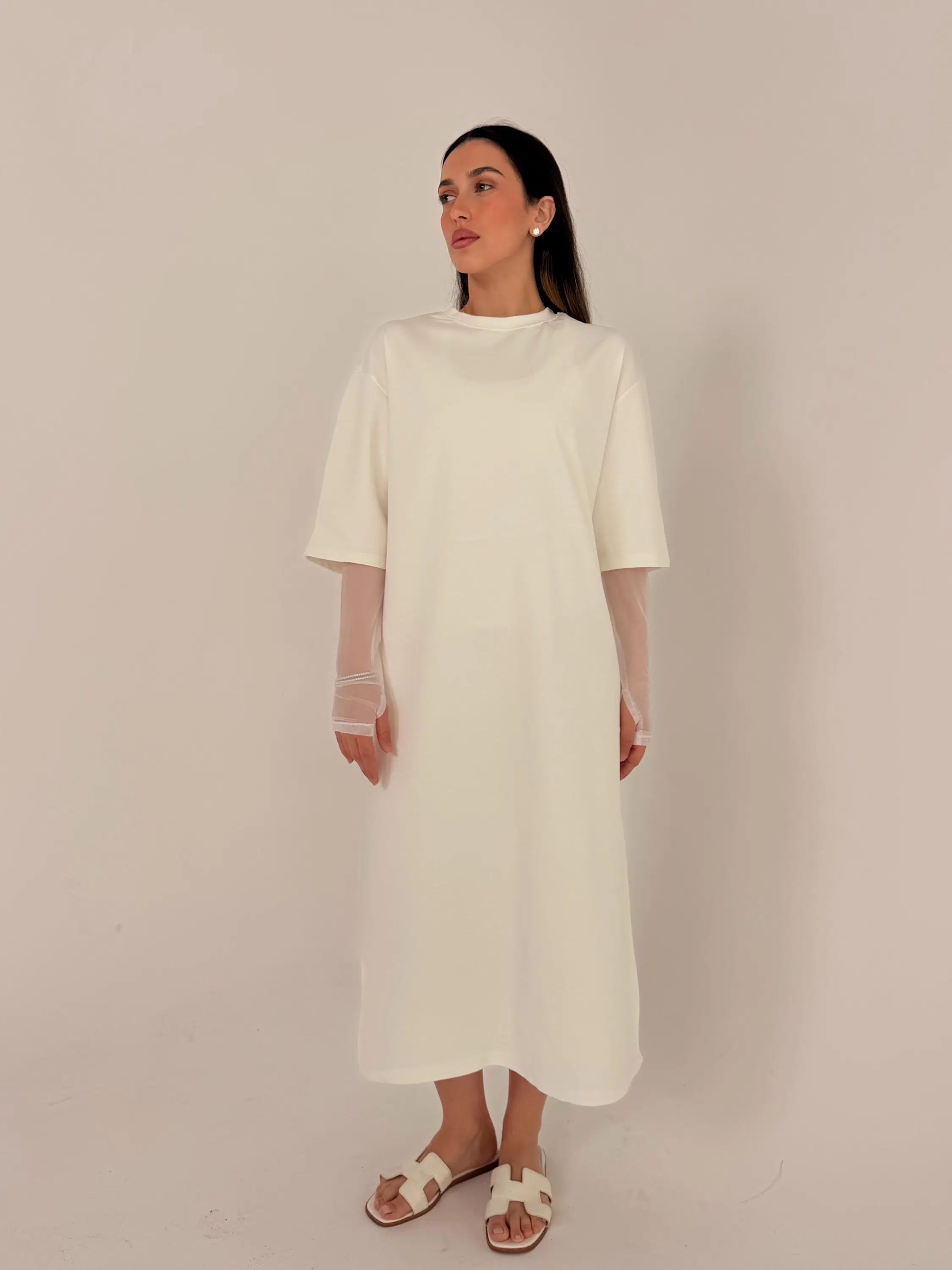 שמלת שרוול שיפון לבנה