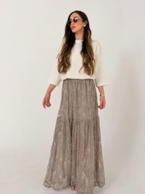 חצאית תחרה חומה מקסי